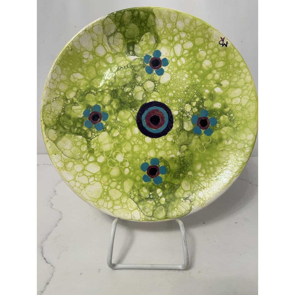 Studio Art Signed Hand-Wrought, Hand-Painted Green Blue Ceramic Plate 11"